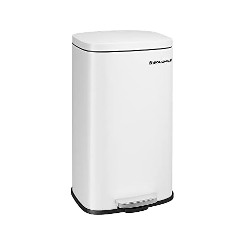 Contenedor de Basura SONGMICS 30L con Pedal y Tapa de Cierre Suave, Acero Blanco Cover