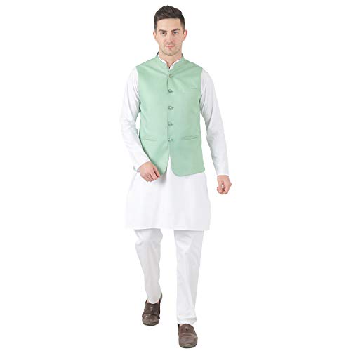 Image of TAHVO Men's Nehru Jacket /Waistcoat /Modi Jacket Cotton Fabric /Men 's 5 Button Nehru Jacket with Hanky Kurta Set