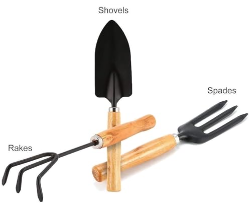 Image of GLUN Gardening Hand Tools, Wooden Handle with 3 Different Tools Metal Hand Cultivator, Transplanter and Hand Fork for Home Gardening
