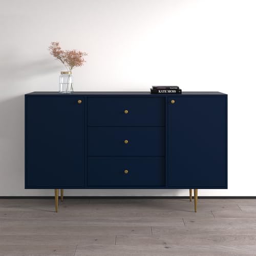 Modern Sideboard Cabinet in Blue with Gold Hardware Storage Cabinet with 3 Drawers and Spacious Compartments, for Dining Room, Living Room, or Hallway