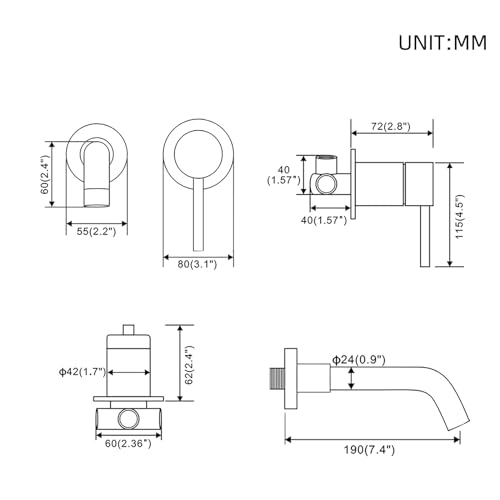 PHASAT Unterputz Wandarmatur, Wandmontage Badarmatur Messing, 360°schwenkbar 2-Loch Wasserhahn Bad Unterputz Armatur Waschbecken, Gebürstetes Gold PTBB06LG