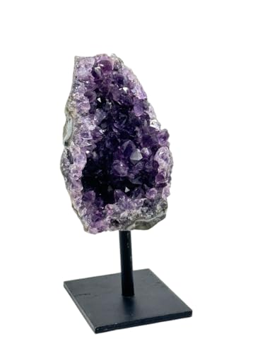 Natural Amethyst Cluster on Metal Display Stand - Raw Purple Quartz Crystal Geode Specimen, Decorative Amethyst Druzy for Home Decor, Office Desk Ornament & Unique Gift