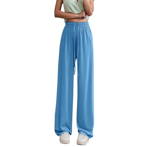 Women's Casual High Waist Wide Leg Pants Elastic Waistband Flowy Trousers Comfortable Vacation Pure Color