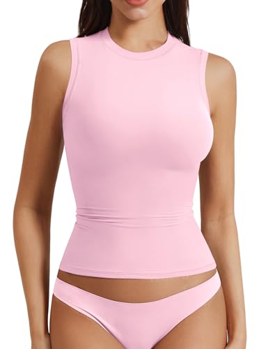 Image of YEOREO Women Basic Mock Neck Workout Crop Top Sleeveless Double Lined Tank Tee Slim Fitted Ruched Going Out Camisole