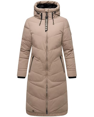 MARIKOO Damen langer Wintermantel warmer Steppmantel mit verstellbarer Kapuze Benikoo Taupe Grey Gr. M
