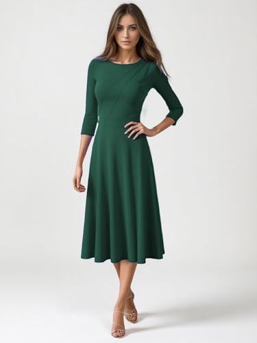 Women's Formal Cocktail Wedding Guest Dress for Women 3/4 Sleeve Fit and Flare Flowy Pleated Ruched Midi Semi Work Dresses3