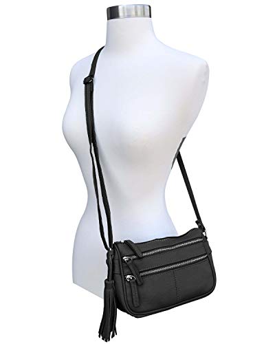 Roma Leathers Tassel Compact Body Purse - Cowhide Leather, Metal Zipper Teeth - Black3