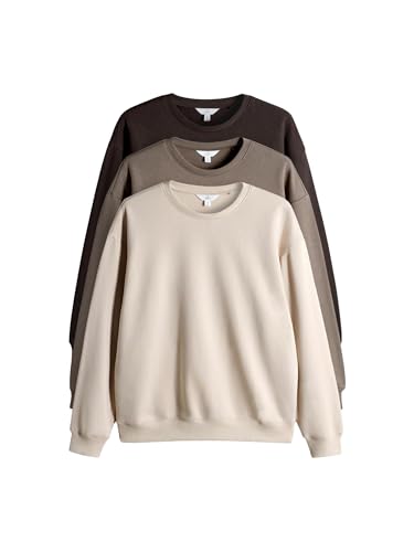 THE SET Damen t Relaxed Fit Sweatshirts mit Rundhalsausschnitt 3er-Pack Chocolate Brown/Taupe Brown/Cream M