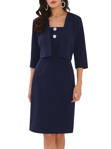 WOMLAYOUT Zweiteiliges Damen-Outfit, figurbetontes Kleid, vorne offen, Cardigan, Party, Abend, Hochzeit, Gästekleider, marineblau, 38