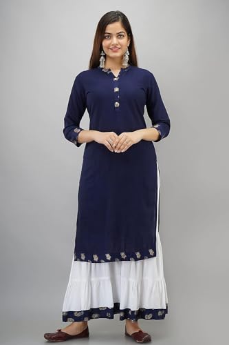 Image of Women Rayon Straight Golden Foil Printed Kurta with Palazzo || Kurti with Palazzo Set for Casual Party & Festival Wear in Round Neck with 3 /4 Sleeve for Girls