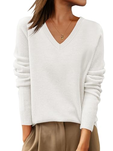 Anrabess Womens 100% Wool Sweaters V Neck Long Sleeve Work Business Casual Basic Pullover Sweater Tops 2026 Fall Outfits Beige Medium