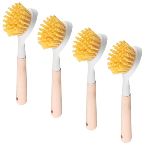 4 Stück Spülbürste, Schrubbürste, Holz-Spülbürste mit rutschfestem Griff, Küchenbürste für Beschichtete Pfannen, Töpfe, Spülenreinigung, Gelb
