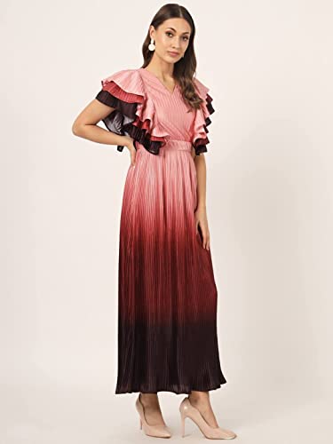 Image of BEATNIK Satin Ruffled Sleeves Self Peach Puff Women Dresses