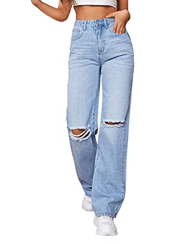 SweatyRocks Women's Ripped Straight Leg Jeans High Waist Distressed Cutout Denim Pants