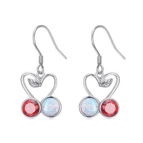 Cherry Earrings - 925 Sterling Silver Red Crystal and Opal Cherry Dangle Earrings for Women Crystal Drop Birthday Christmas Fruit Jewelry Gifts