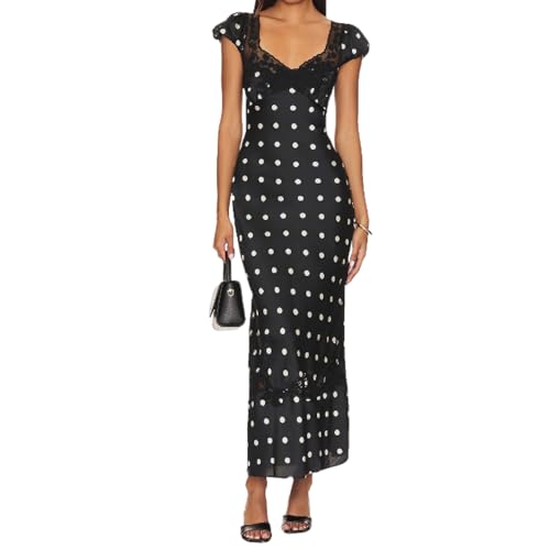 Polka Dot Dress Women Sexy Satin Long Summer Maix Dresses Y2k Coquette Beach Vacation Clothes (Black Polka dot,Small)