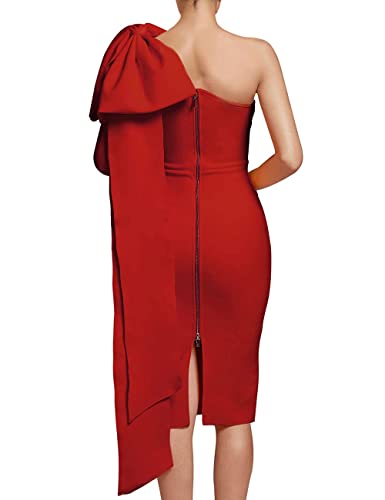 Image of UONBOX Women's One Shoulder Bowknot Long Sleeve Bodycon Knee Length Club Party Bandage Dress