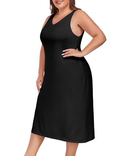 MANCYFIT Plus Size Full Slip for Women Long Slip for Under Dress Slips Tank Top Long Nightgown 22 Plus Black