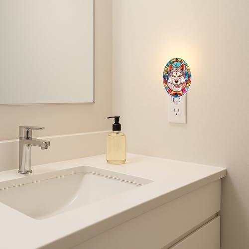Image of Dog Night Light Husky, Stained Glass Styled Plug-in Wall Nightlight, Bulb Included, Pet Memorial Dog Lover Gift, Bedroom Hallway Bathroom Decor, Manual On /Off Switch