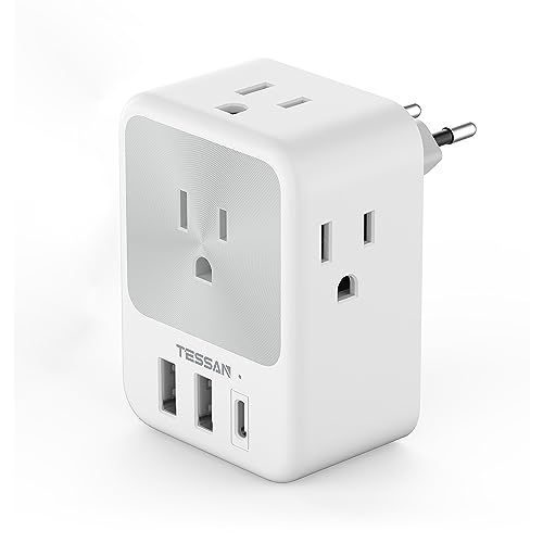 Periféricos, Electronics TESSAN Adaptador Europeo Enchufe, Adaptador Americano a Europeo con 4 Salidas CA, Adaptador de Corriente Europa con 3 Puertos USB (1 USB C), Travel Essentials...