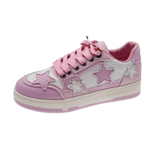 Cute Platform Star Sneakers for Women Walking Outdoor Color Blocking Patchwork Stars Denim Shoes