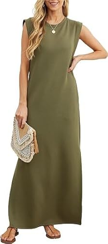 TANMESSO 2024 Women's Summer Crew Neck Loose Split Wrinkle-Free Long Maxi Beach Dress with Pockets (Army green,L,L,Regular,Regular)