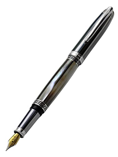 Xezo Handmade Platinum Plated Medium Fountain Pen, Tungsten Metallic Finish (Maestro Black Mop Tungsten Fpl). No Two Alike #TOP5