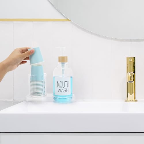Image of Mouthwash Dispenser for Bathroom, 16oz Plastic Mouthwash Dispenser with Cup Holder and Tray Mouth Wash Bottle Container - Clear