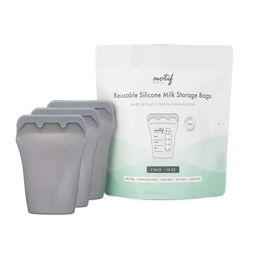 Image of Motif Medical Silicone Breast Milk Storage Bags - Reusable Breast Milk Storage Bags - Durable & Compact BPA Free Breastmilk Storage Bag - Dishwasher-Safe Breast Milk Freezer Bags (10 oz, Pack of 3)