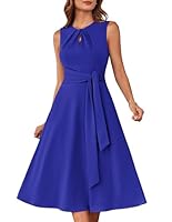 Damen Elegantes Kleid Rundhals Ärmellos A-Linie Cocktailkleid Hochzeitsgast Businesskleid mit Gürteltaschen Königsblau L