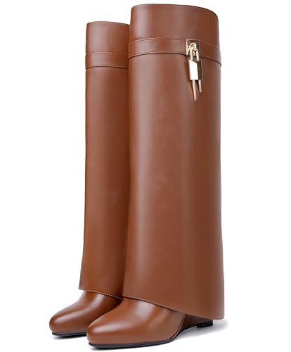 Image of Fold Over Boots for Women Pointy Pull-on Wedge Heel Knee Shark Boot With Side Zipper Padlock Design