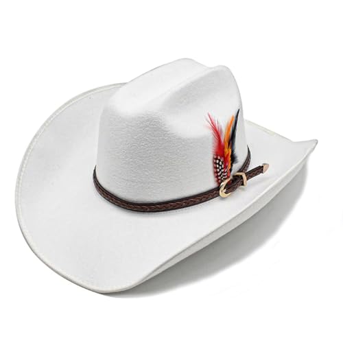 Image of Western Cowboy Cap for Men Women, Woolen Wide Brim Cowgirl Cap Belt Buckle Fedora Hat with Feather