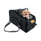 Multipurpose Console Dog Car Seat for Small Dogs & Cats， Portable Pet Carrier with Safety Tether & Storage Pockets (Black, Middle)
