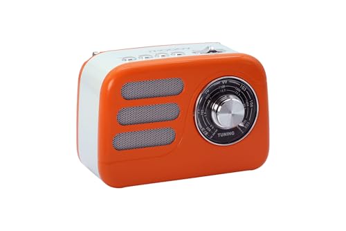 Mooov 477241 Radio Vintage FM Bluetooth Portable avec Alimentation Batterie Rechargeable ou Secteur - Poste Design Retro Lecteur USB, Carte microSD - Orange