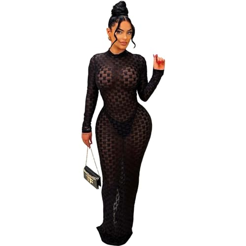 Image of Women's Casual Turtleneck Long Sleeve Elegant Long Dress Lounge Mesh Bodycon Maxi Party Dresses