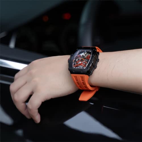 Tsar Bomba Automatic Tonneau Carbon Fiber Bezel Luxury Mens Watches 50M Waterproof Skeleton Mechanical Stylish Watch For Men Simple Men’s Silver Wrist Watch Cool Unique Watch With Silicone Strap #TOP4