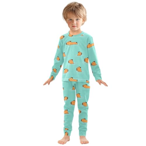 Pajama Sets Long Sleeve Swimming Capybara Pattern Print Soft Comfy Sleepwear 2 Piece PJS 3-8T2