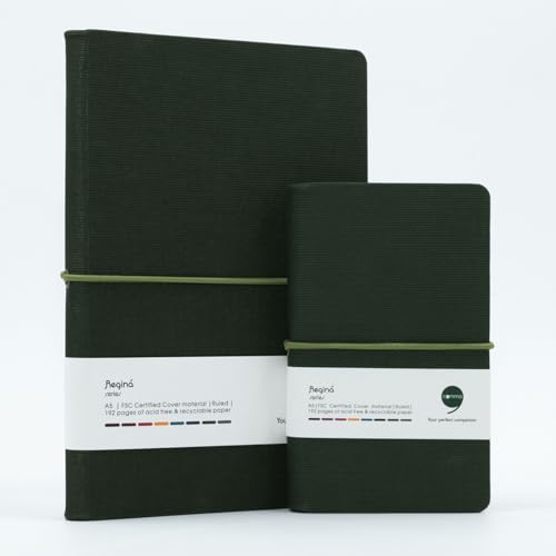 Image of Comma Regina Combo | A5 Size Hard Bound Notebook & A6 Size Hard Bound Pocket Notebook with a Horizontal Elastic Band Closure | 192 Pages | 80gsm Natural Shade Paper | Linen Fabric Cover Material - Dark Green