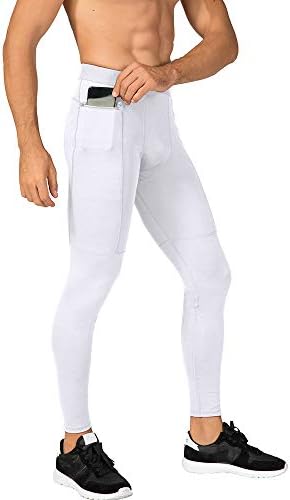WRAGCFM Compression Pants Men,Tights for Men Running Workout Basketball Athletic Sports Leggings Compression Tights with Pockets White,M