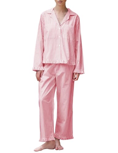Flygo Womens Striped Pajama Sets 2 Piece Cotton Lounge Sets Button Down Top Straight Leg Pants with Pockets Y2K Pj Sleepwear
