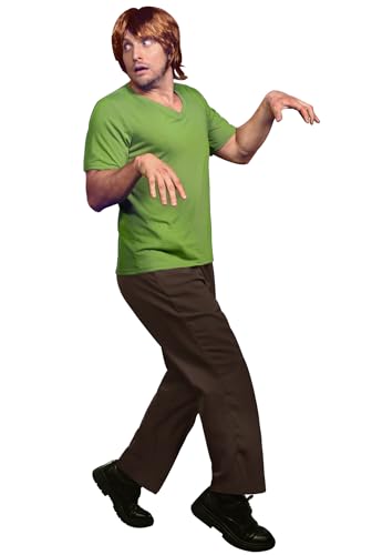 Arvilhill Man 2025 Halloween Costume 2 Pcs Adult Funny Shaggy Cosplay Party V Neck Green Shirt Brown Pants S