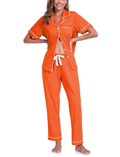 Image of COLORFULLEAF Women's 100% Cotton Pajamas Set Button Down Sleepwear Short Sleeve Shirt and Long Pants Soft Ladies Lounge Sets