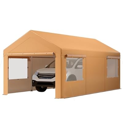 GarveeLife 12x20FT Carport, Portable Garage with Sidewalls, Doors and Ventilated Windows, UV Resistant and Waterproof, Heavy Duty Carport for Car, Bike, Boat, Party (Yellow)