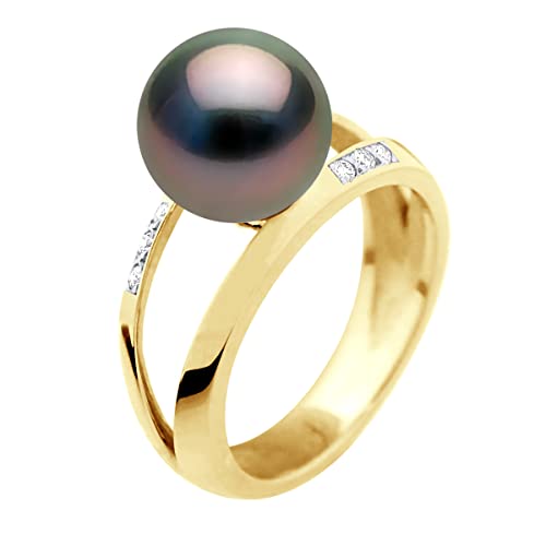 PEARLS & COLORS - Bague Joaillerie Perle de Culture de Tahiti Ronde 9-10 mm - Qualité A+ - Diamant...