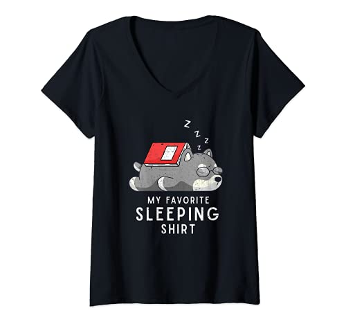 Womens Pet Late Riser Sleepy Cute Animal Late Nighter Sleeping Dog V-Neck T-Shirt, Black