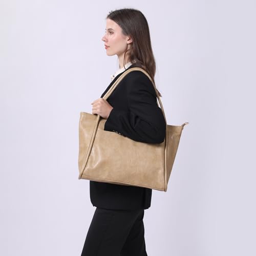 Image of Large Tote Bag for Women Work with Zipper 16L Vegan Leather Ladies Travel Purses and Handbags