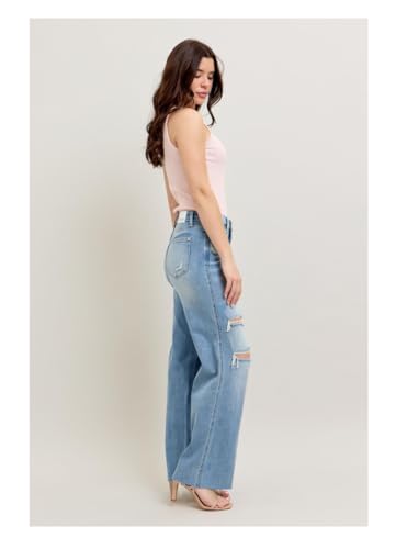 Judy Blue Mid Rise Tummy Control Distressed Wide Leg Jeans, 889332