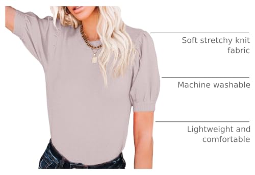 Image of Womens Puff Short Sleeve Sweater Tops Crewneck Basic Knit Pullover Lightweight Casual Sweaters