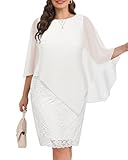 Pinup Fashion Women Plus Size White Dress Church Formal Elegant Cocktail Bridal Shower Lace Chiffon Cape Pencil Knee Length Dresses