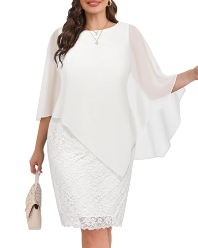 Kleider in Übergröße für Hochzeitsgäste – Mutter Braut halbformeller Spitzen-Umhang mit Chiffon-Overlay-Kleider, Weiss/opulenter Garten, 44...